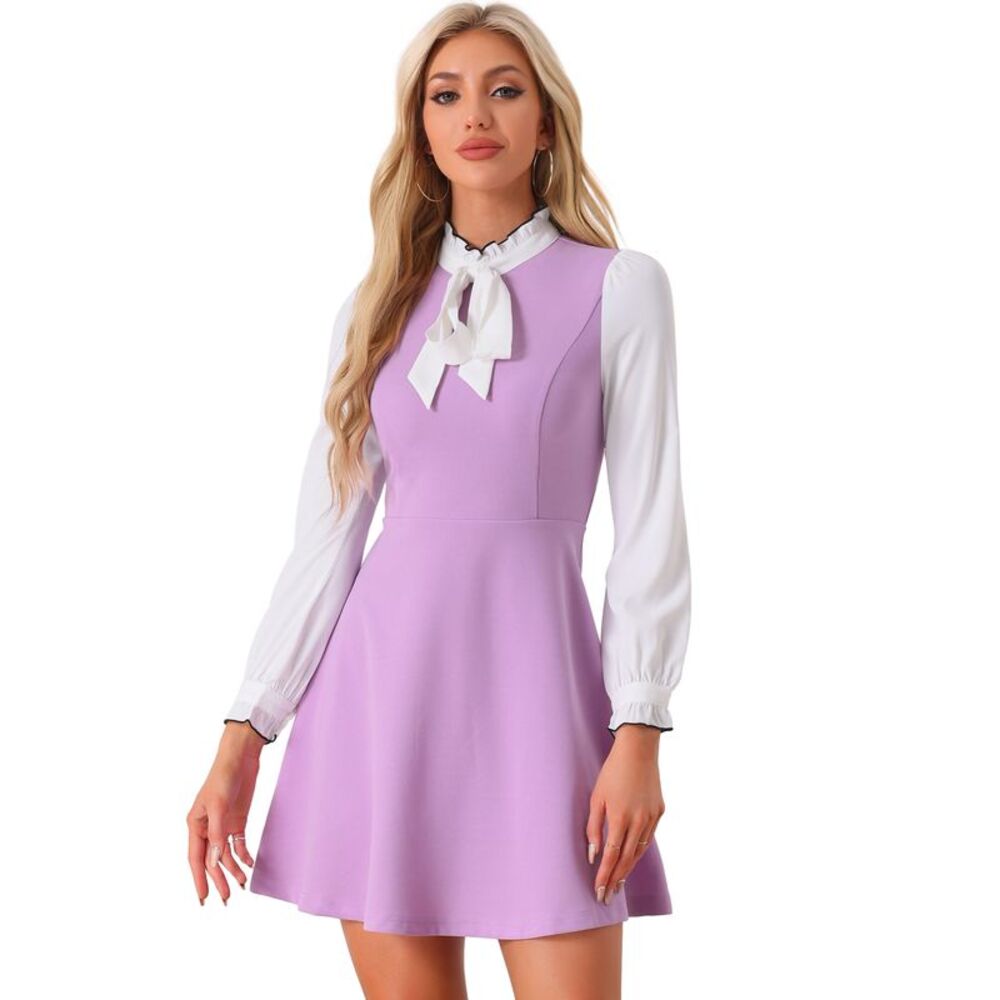 Contrast Color for Vintage Long Sleeve Tie Neck Dress Light Purple